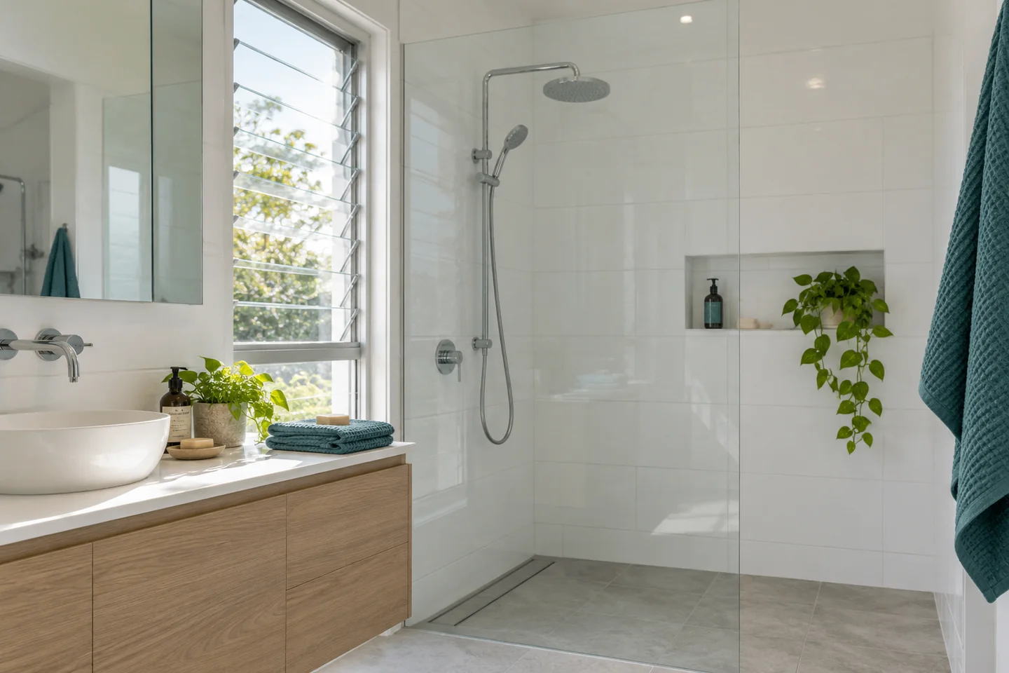 Quiet bathroom with shower and folded towels