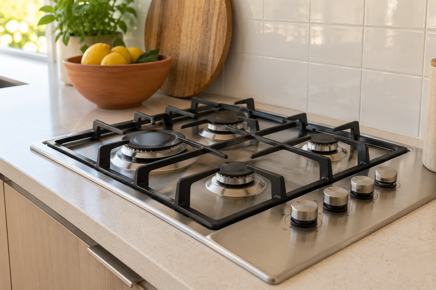 Unlit cooktop in a bright kitchen