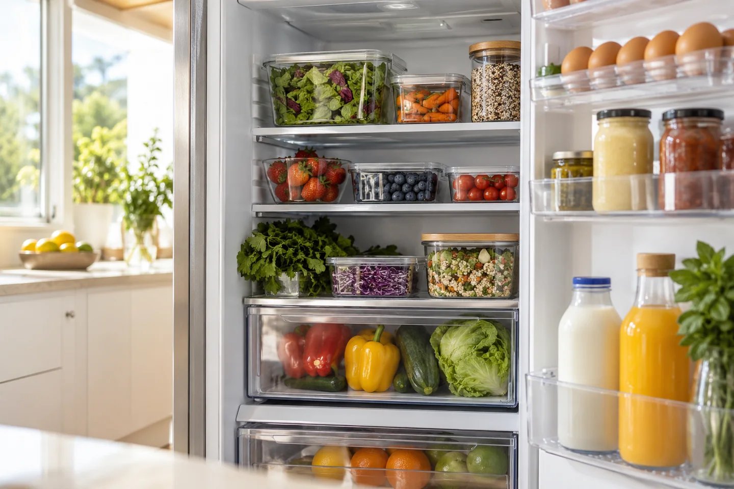 Clean refrigerator shelves with food in closed containers