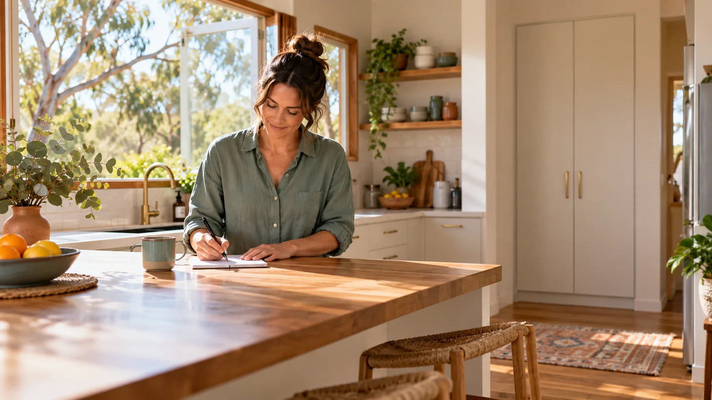 A resident writing household notes in a sunlit Australian kitchen