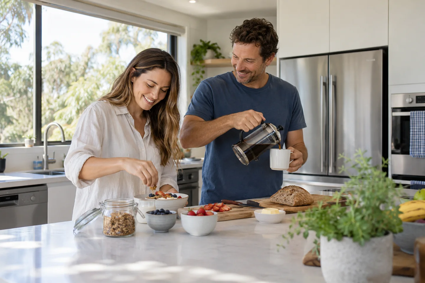 Two adults preparing breakfast in a bright Australian kitchen