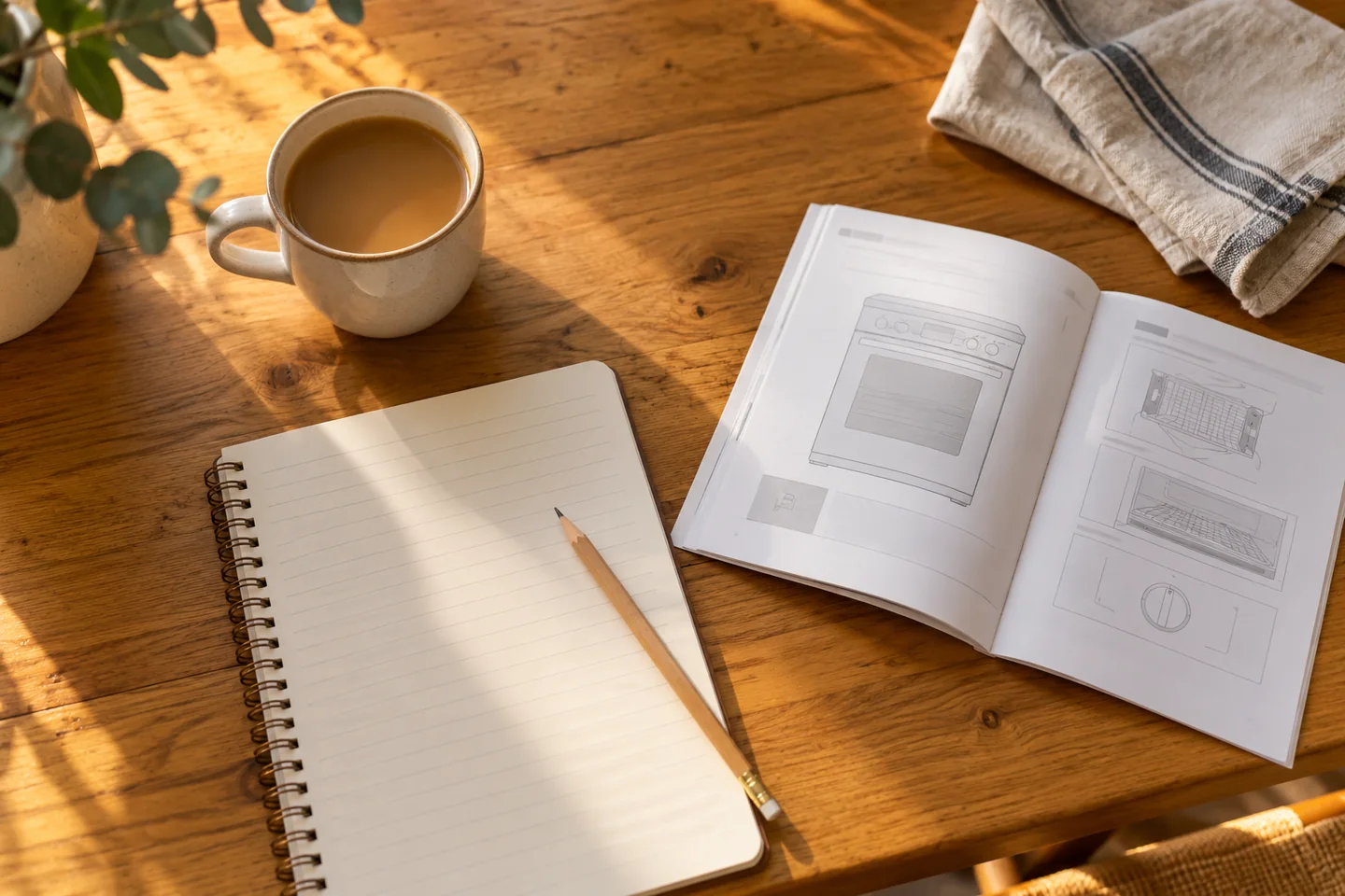 Notebook and appliance paperwork on a warm timber table