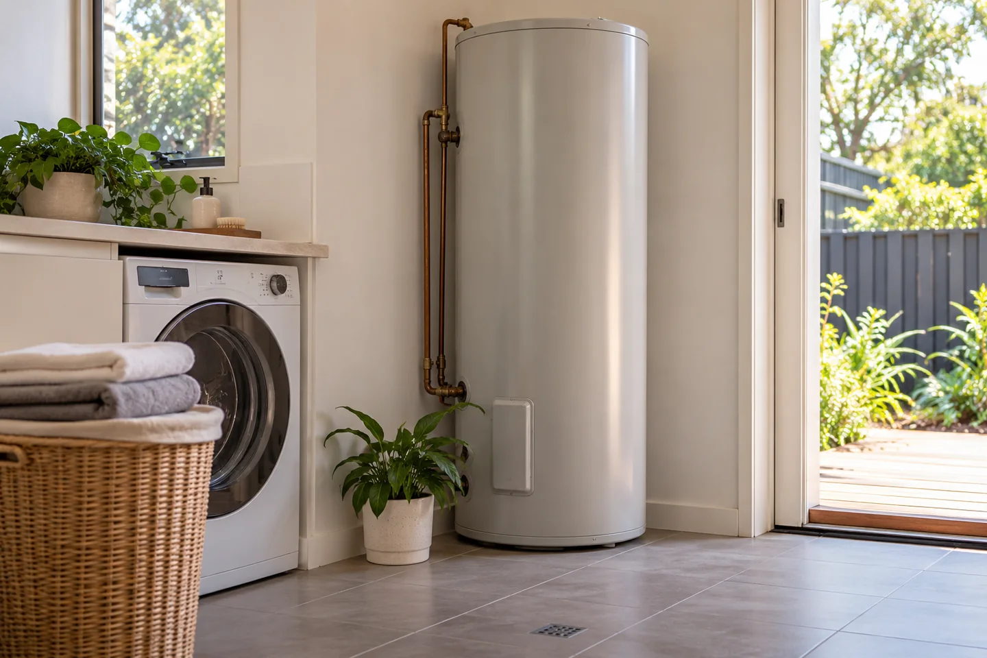 Closed hot-water storage cylinder in a household utility space