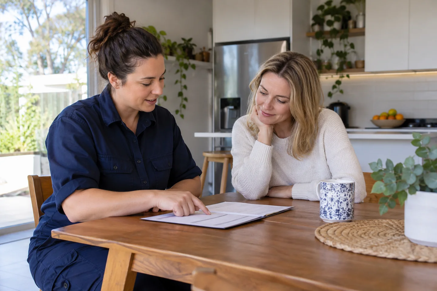 Homeowner discussing a service summary with a trades professional